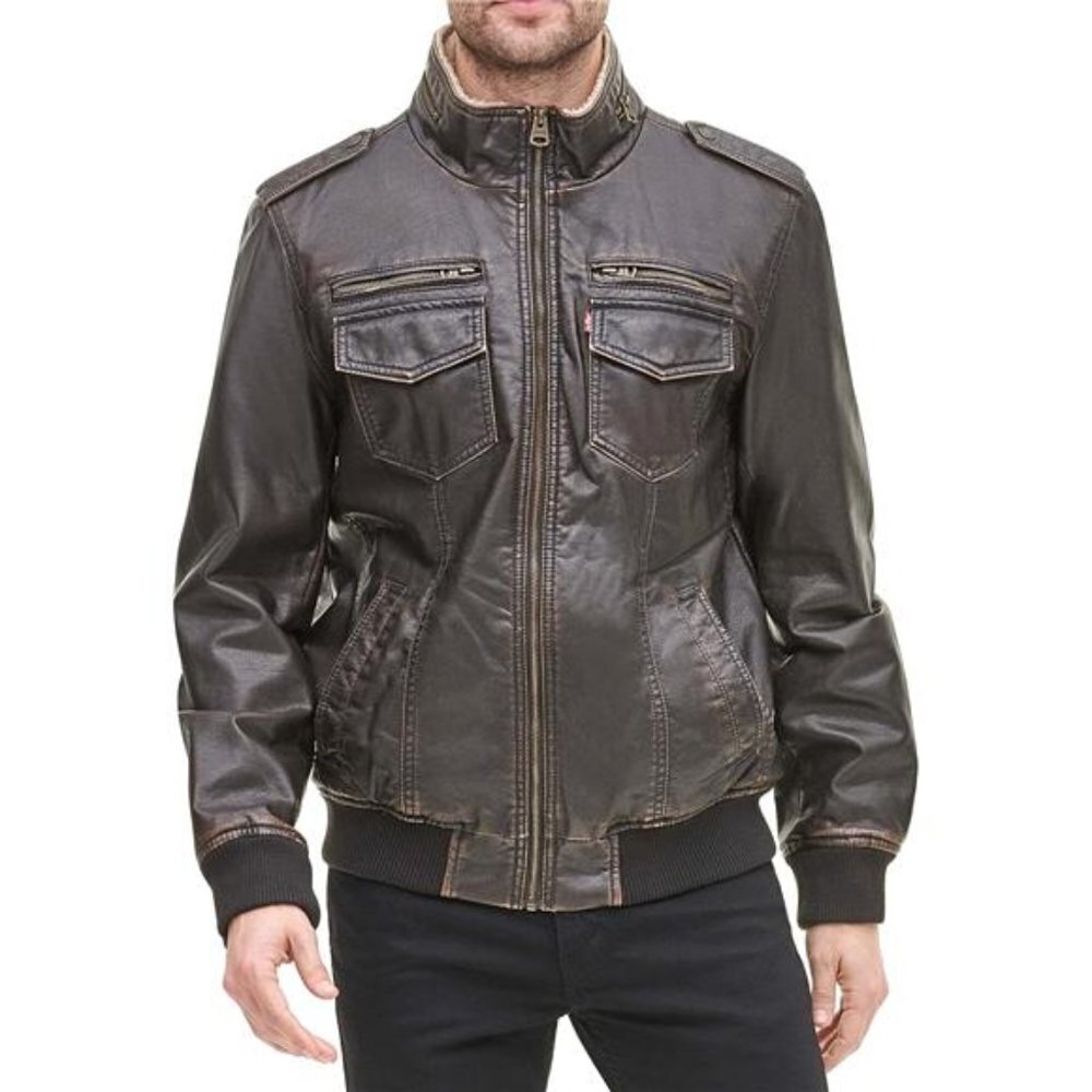 Aviator Bomber Jacket Faux Leather Sherpa Lined Men's